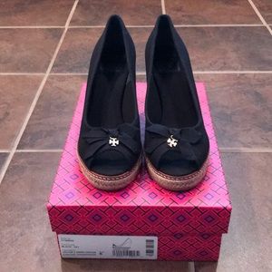 Tory Burch- Jackie black peep toe wedge. Size 8